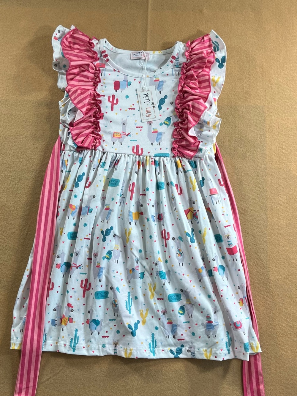 Pete + Lucy White Dress with Pink Ruffle & Colorful Llama back to school Print